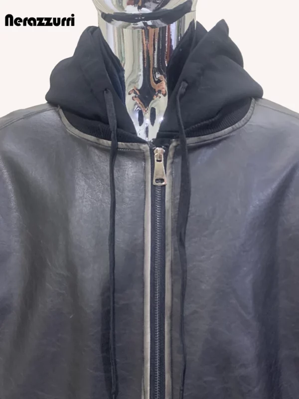 Nerazzurri Autumn Winter Cool Handsome Oversized Distressed Black Thick Warm Pu Leather Jacket Men Fake 2 Piece Clothes Hoodie - Image 6