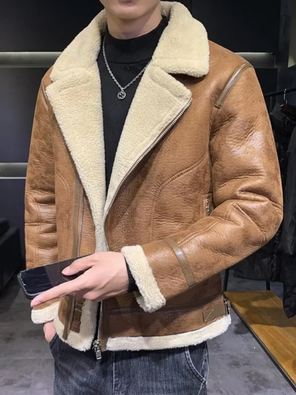 New Winter Mens Faux Leather Motorcycle Jacket Zipper Thick Faux Fleece liner Vintage Casual Short Coat Lapel Street Outerwear - Image 2