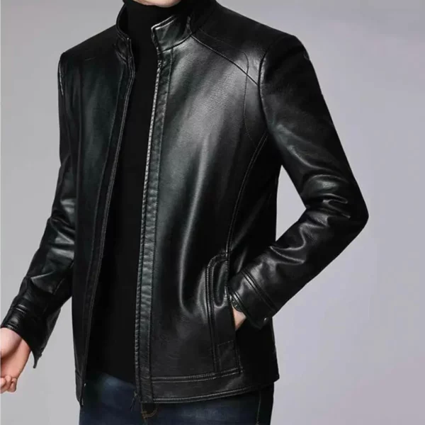 Men Faux Leather Jacket Men's Faux Leather Motorcycle Jacket with Stand Collar Thick Warm Lining Windproof Design for Autumn - Image 4