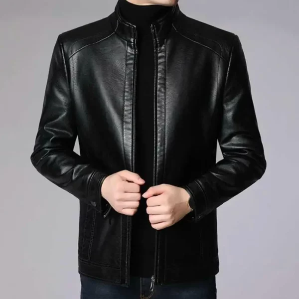 Men Faux Leather Jacket Men's Faux Leather Motorcycle Jacket with Stand Collar Thick Warm Lining Windproof Design for Autumn - Image 5