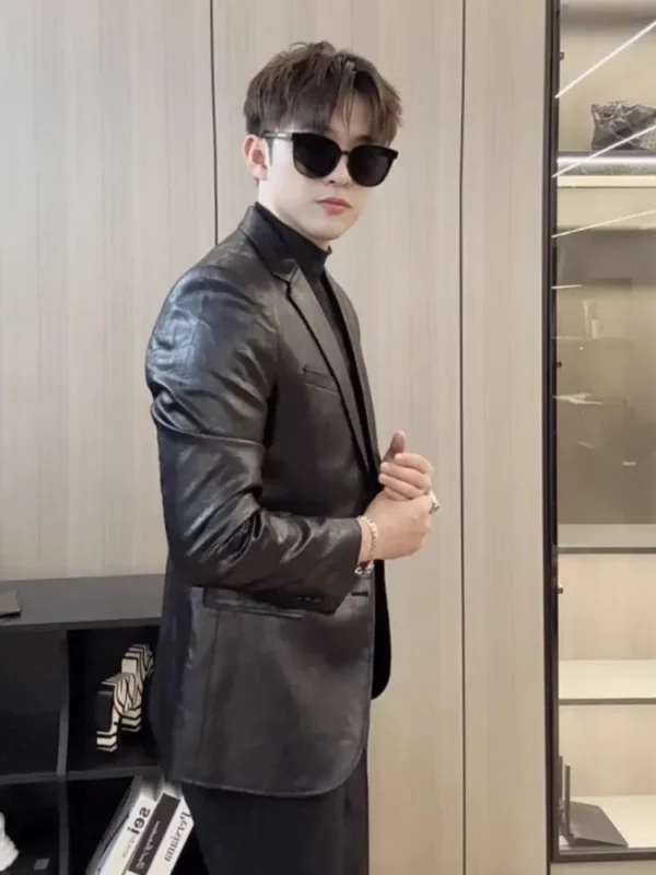 New Mens Single Breasted Faux Leather Suit Jacket Slim Fit Long Sleeve Casual Blazers Solid Color High Street Fashion Coat Male - Image 2