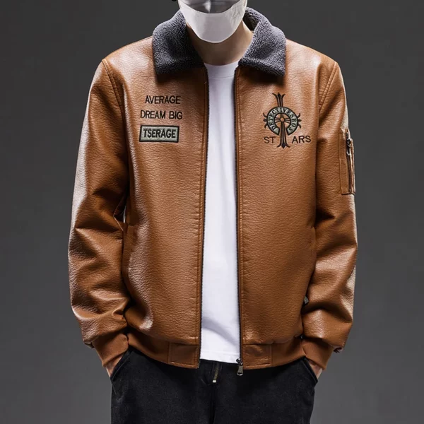 Autumn Men's Leather Jacket Alphabet Embroidered Brand Fashion Trend Casual Male Coat High Street PU Locomotive Top Clothing - Image 3