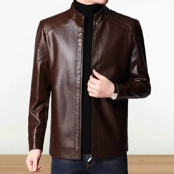Men Faux Leather Jacket Men's Faux Leather Motorcycle Jacket with Stand Collar Thick Warm Lining Windproof Design for Autumn - Image 2