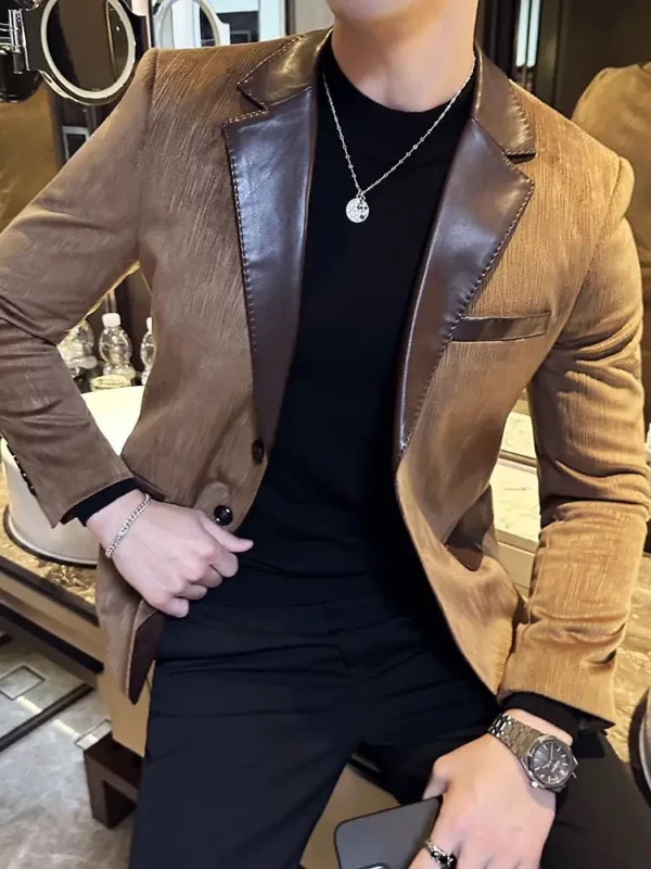 Male Coats Spring Autumn Leather Men's Jackets Splicing Blazers Trendy Joker Vintage Casual Luxury Designer Korean Reviews Many - Image 3