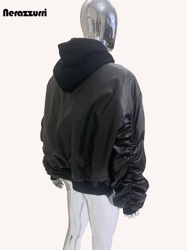 Nerazzurri Autumn Winter Cool Handsome Oversized Distressed Black Thick Warm Pu Leather Jacket Men Fake 2 Piece Clothes Hoodie