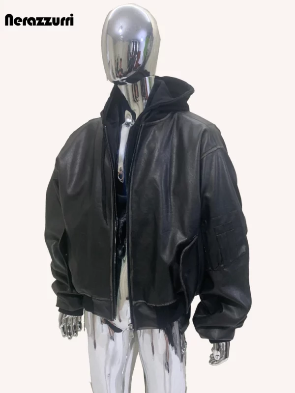 Nerazzurri Autumn Winter Cool Handsome Oversized Distressed Black Thick Warm Pu Leather Jacket Men Fake 2 Piece Clothes Hoodie - Image 4