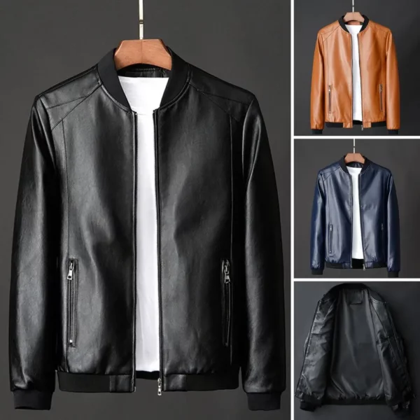 Men Outerwear Stylish Men's Faux Leather Motorcycle Jacket with Stand Collar Pockets Elastic Hem Solid Color Long Sleeve for A - Image 2