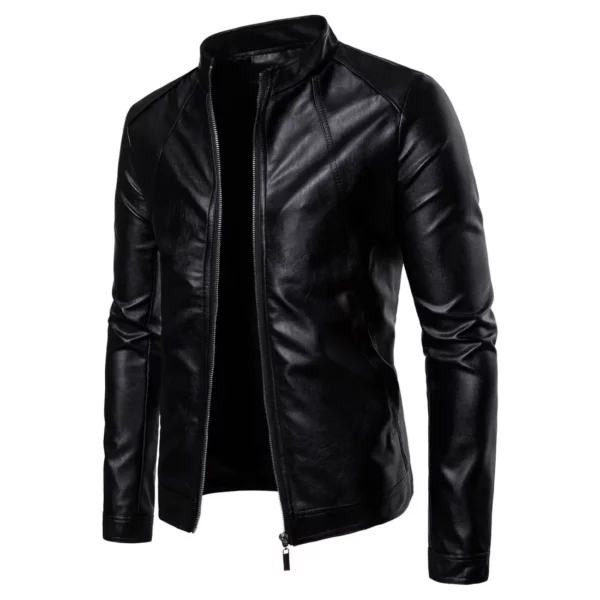 Stand-up Collar Type Men's Motorcycle Leather Jacket Washed PU Leather Jacket for Men - Image 2