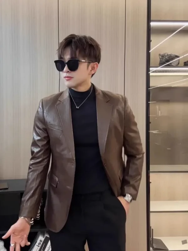 New Mens Single Breasted Faux Leather Suit Jacket Slim Fit Long Sleeve Casual Blazers Solid Color High Street Fashion Coat Male - Image 3