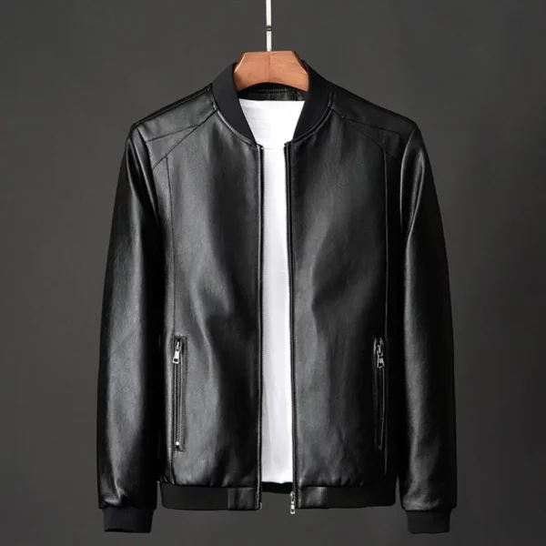 Men Outerwear Stylish Men's Faux Leather Motorcycle Jacket with Stand Collar Pockets Elastic Hem Solid Color Long Sleeve for A - Image 3