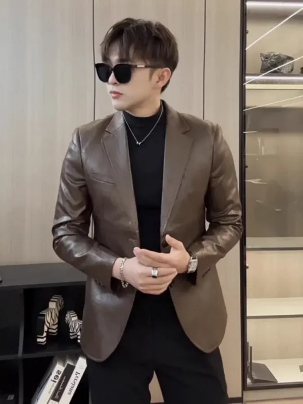 New Mens Single Breasted Faux Leather Suit Jacket Slim Fit Long Sleeve Casual Blazers Solid Color High Street Fashion Coat Male - Image 5