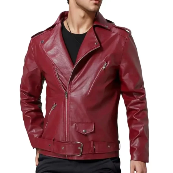 Slim Faux Leather Jacket Men Solid Color Coat Diagonal Zipper Belt Motorcycle Jacket Windproof Coat