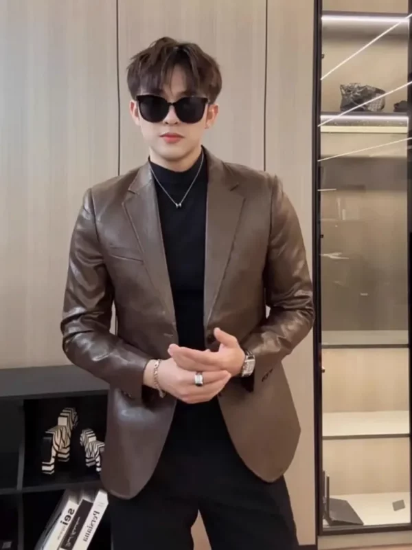 New Mens Single Breasted Faux Leather Suit Jacket Slim Fit Long Sleeve Casual Blazers Solid Color High Street Fashion Coat Male - Image 4