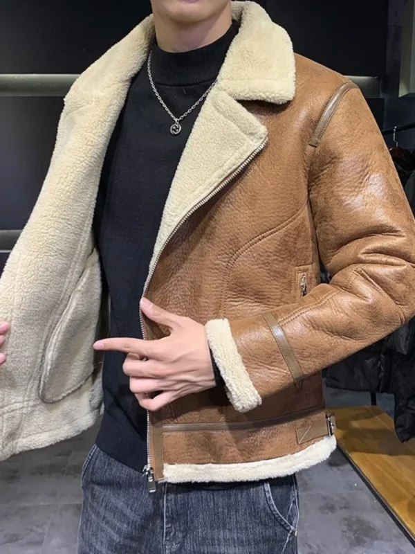 New Winter Mens Faux Leather Motorcycle Jacket Zipper Thick Faux Fleece liner Vintage Casual Short Coat Lapel Street Outerwear - Image 5