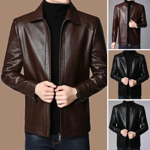 Faux Leather Jacket Stylish Men's Faux Leather Motorcycle Jacket with Stand Collar Zipper Neck Windproof for Cool - Image 4