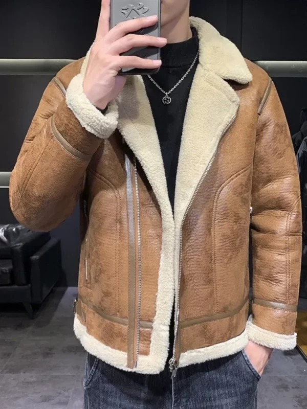 New Winter Mens Faux Leather Motorcycle Jacket Zipper Thick Faux Fleece liner Vintage Casual Short Coat Lapel Street Outerwear - Image 4
