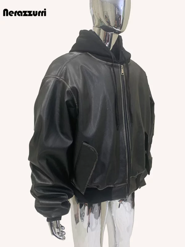 Nerazzurri Autumn Winter Cool Handsome Oversized Distressed Black Thick Warm Pu Leather Jacket Men Fake 2 Piece Clothes Hoodie - Image 2
