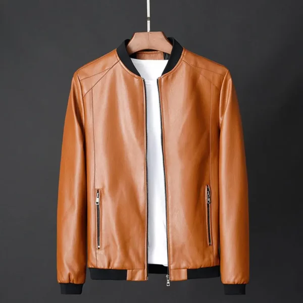Men Outerwear Stylish Men's Faux Leather Motorcycle Jacket with Stand Collar Pockets Elastic Hem Solid Color Long Sleeve for A