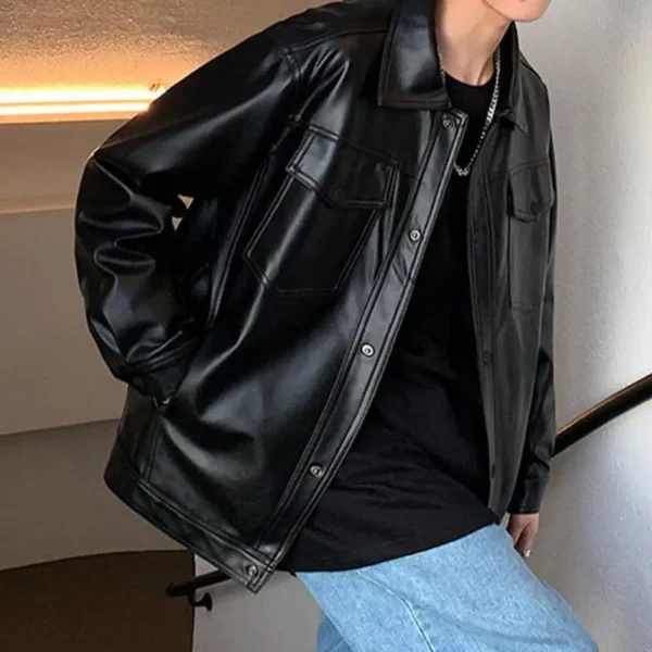 Faux Leather Men Jacket Motorcycle PU Jacket Turn-down Collar Men Retro Leather Jacket Long Sleeves Black Male Casual Coat