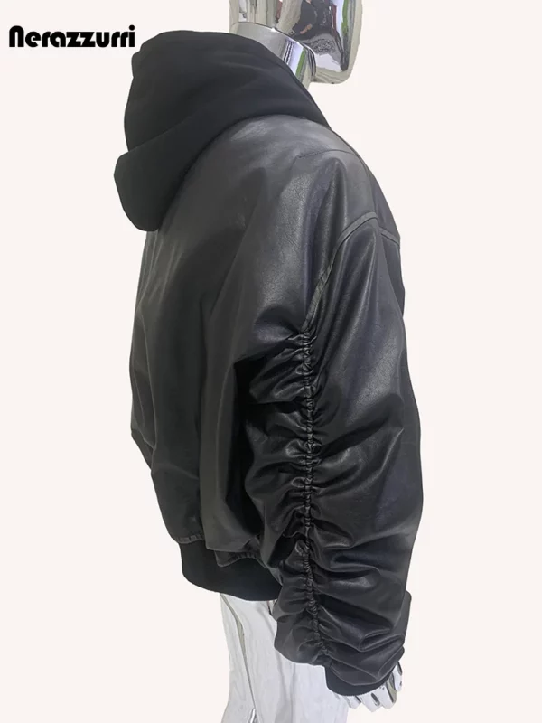 Nerazzurri Autumn Winter Cool Handsome Oversized Distressed Black Thick Warm Pu Leather Jacket Men Fake 2 Piece Clothes Hoodie - Image 3