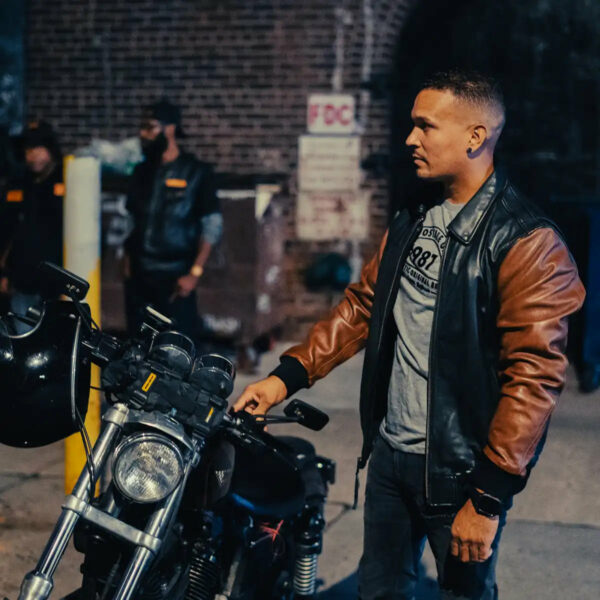 Motorbike Leather Jacket Moto Bomber Two Tone - Men's Leather Jacket - Image 6